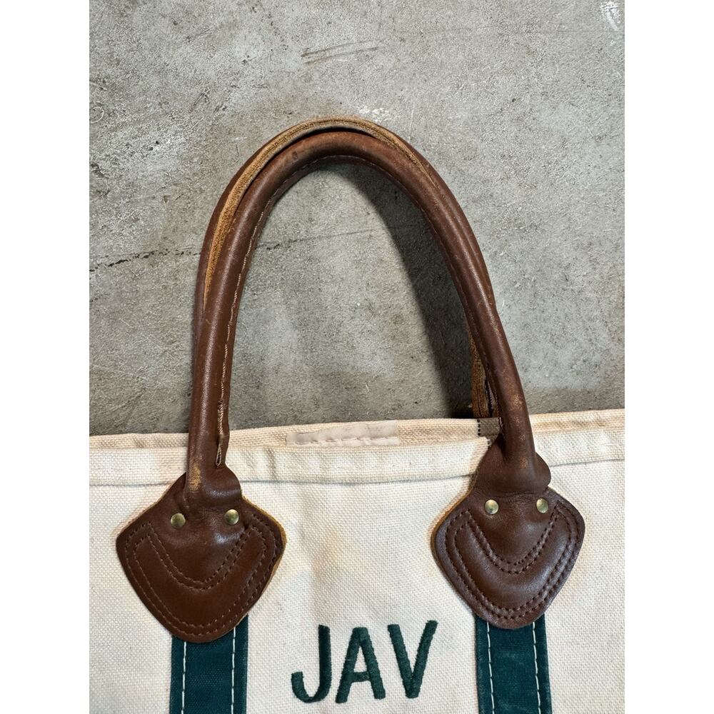 Vintage 80s LL Bean Boat Tote Canvas Bag Medium Green & White Made In USA - Picture 2 of 9